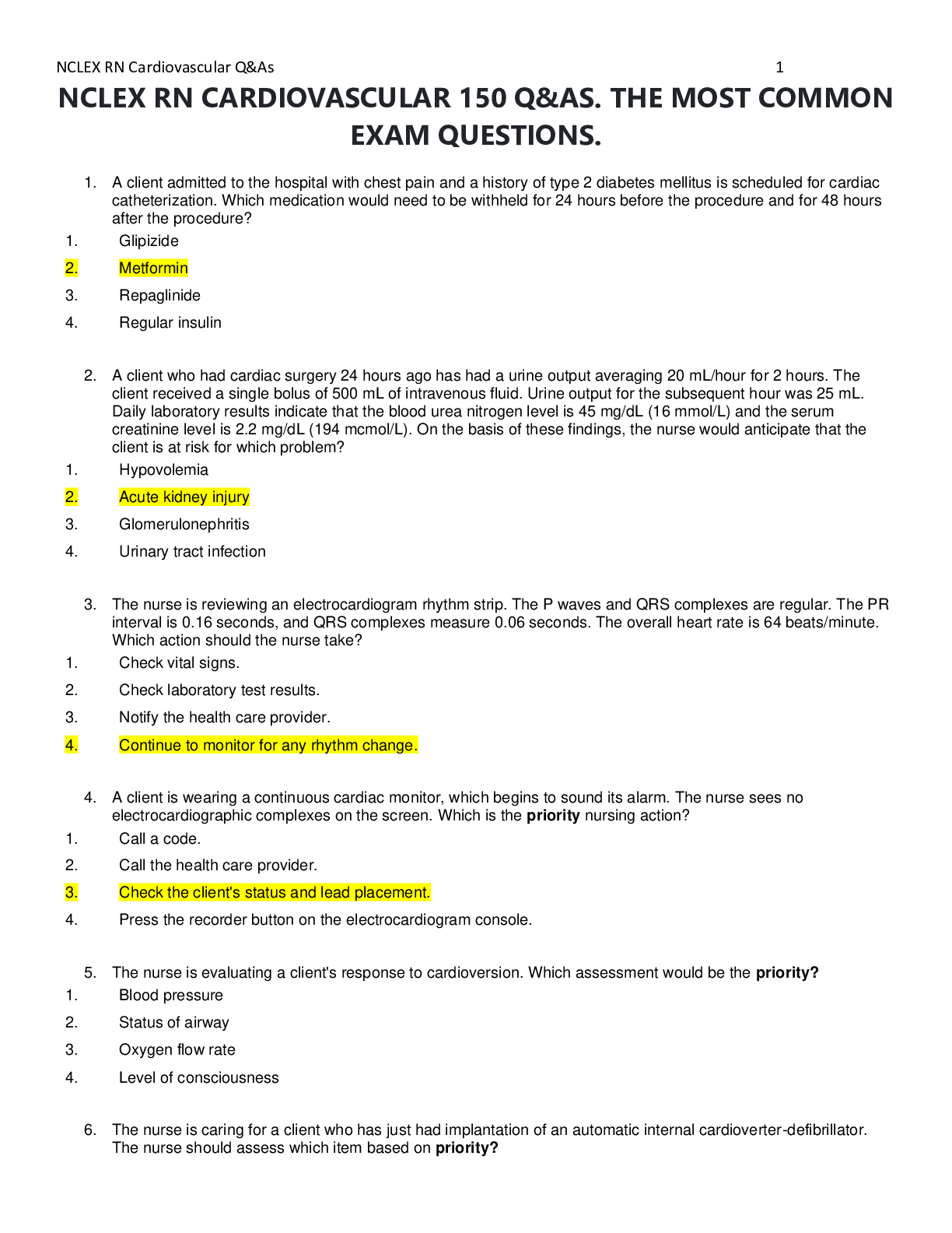 Preview image for NCLEX RN CARDIOVASCULAR 150 Q&AS. THE MOST COMMON EXAM QUESTIONS.